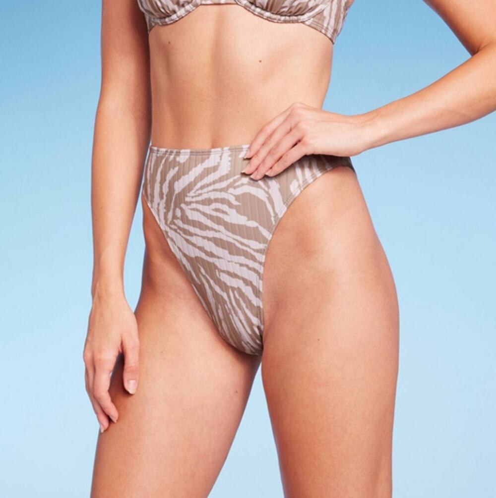 Wild Fable Ribbed High Leg High Waist Bikini Bottom Tan Animal Print Size XXS